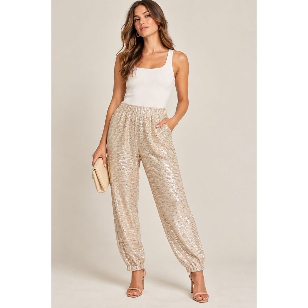 Serra Champagne Sequin Pull On Jogger Pants Size M New